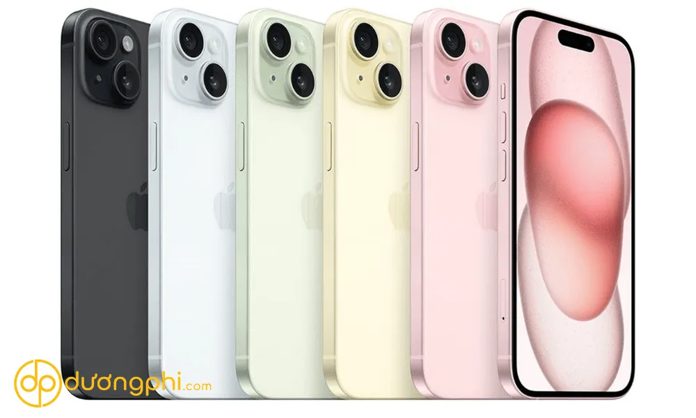 iPhone 15 tiêu chuẩn và Plus có 5 màu: Xanh Dương, Hồng, Xanh Lá và 2 màu cũ là Đen và Vàng 