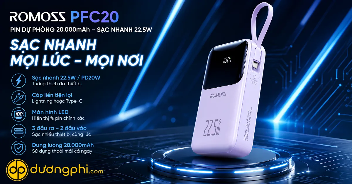 Sạc Dự Phòng Romoss 20000Mah Hỗ Trợ Sạc Nhanh Pd 22.5W, Dung Lượng Lớn Đáp Ứng Tốt Nhu Cầu Học Tập, Làm Việc Và Di Chuyển Hằng Ngày. Thiết Kế Hiện Đại, Hỗ Trợ Sạc Nhiều Thiết Bị Tiện Lợi.