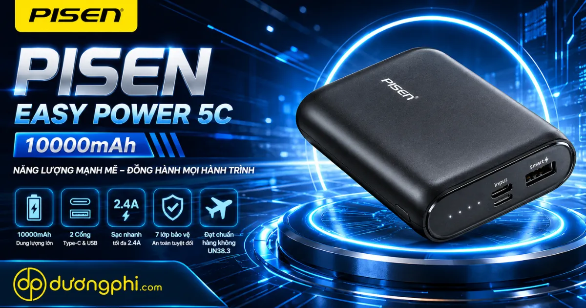 Sạc Dự Phòng Pisen Easy Power 5C 10000Mah Thiết Kế Nhỏ Gọn, Hỗ Trợ Sạc Nhanh Ổn Định, Dung Lượng Lớn Đáp Ứng Nhu Cầu Học Tập, Làm Việc Và Di Chuyển Hằng Ngày. Tương Thích Nhiều Thiết Bị, Tiện Lợi Mang Theo Mọi Lúc.