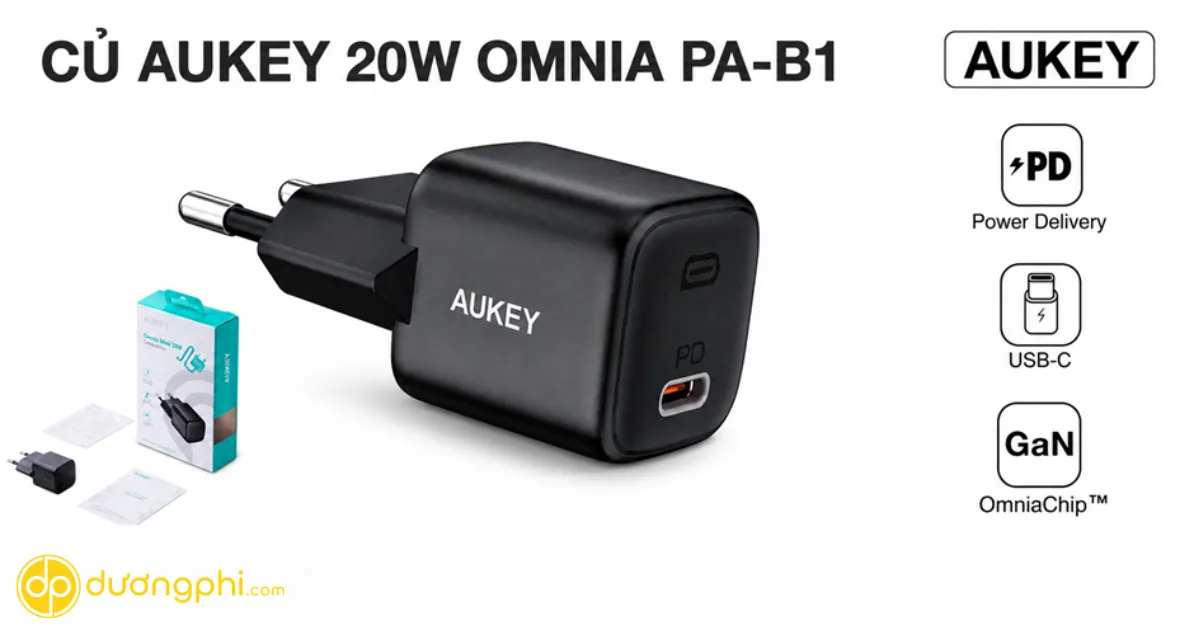 Củ Sạc Aukey 20W Type-C Pd Hỗ Trợ Công Nghệ Sạc Nhanh Power Delivery, Giúp Rút Ngắn Thời Gian Sạc