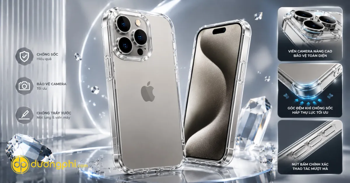 Ốp Lưng Chống Sốc Iphone 15 Pro Max Với Góc Đệm Khí, Viền Camera Nâng Cao Và Nút Bấm Chính Xác.