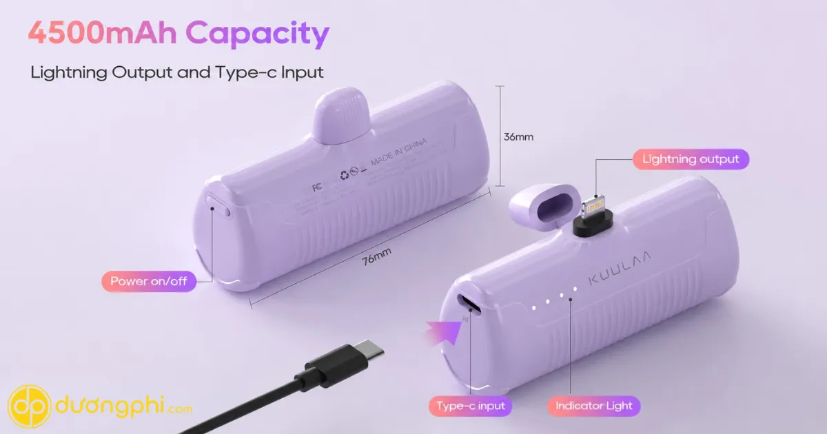 Sạc Dự Phòng Kuulaa 4500Mah Mini Có Dây Sạc Liền – Nhỏ Gọn, Tiện Lợi Cho Iphone &Amp; Android