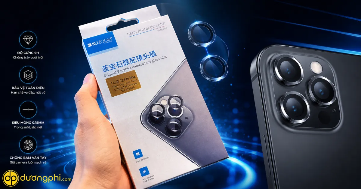 Miếng Dán Bảo Vệ Camera Kuzoom Cho Iphone 12 Pro Max Với Thiết Kế Chuẩn Xác Theo Cụm Camera, Chống Trầy Xước Hiệu Quả Và Giữ Nguyên Chất Lượng Hình Ảnh Khi Sử Dụng.