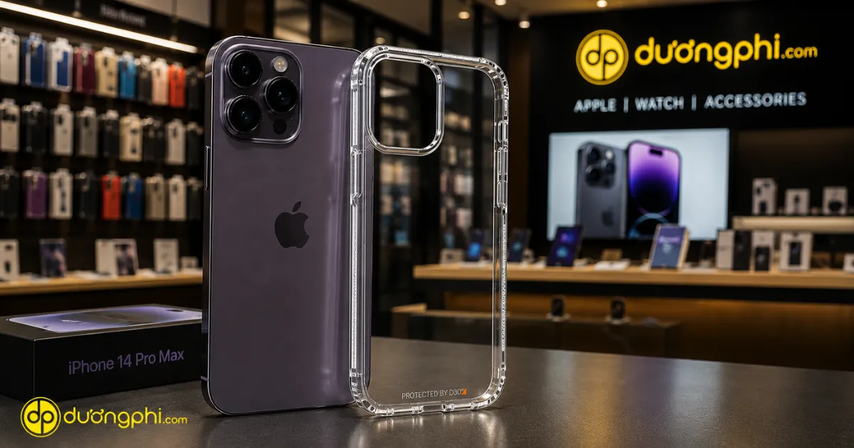 Hình ảnh ốp lưng iPhone trong suốt chống sốc giúp bảo vệ điện thoại khỏi va đập và trầy xước tại Phụ kiện Dương Phi.