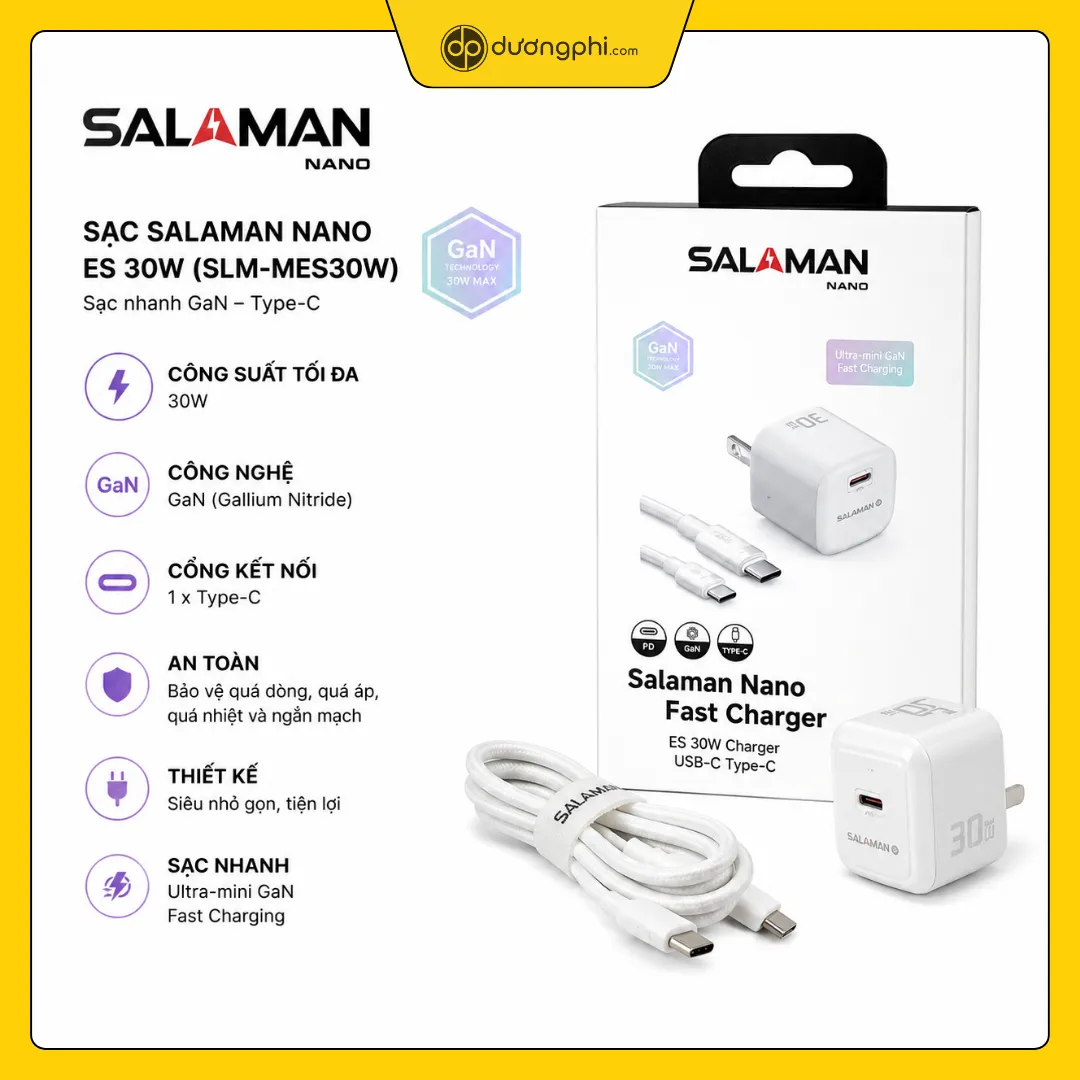 Bộ sạc nhanh Salaman Nano ES 30W màu trắng kèm cáp Type-C bọc dù và hộp đựng hiển thị các tính năng công nghệ GaN.