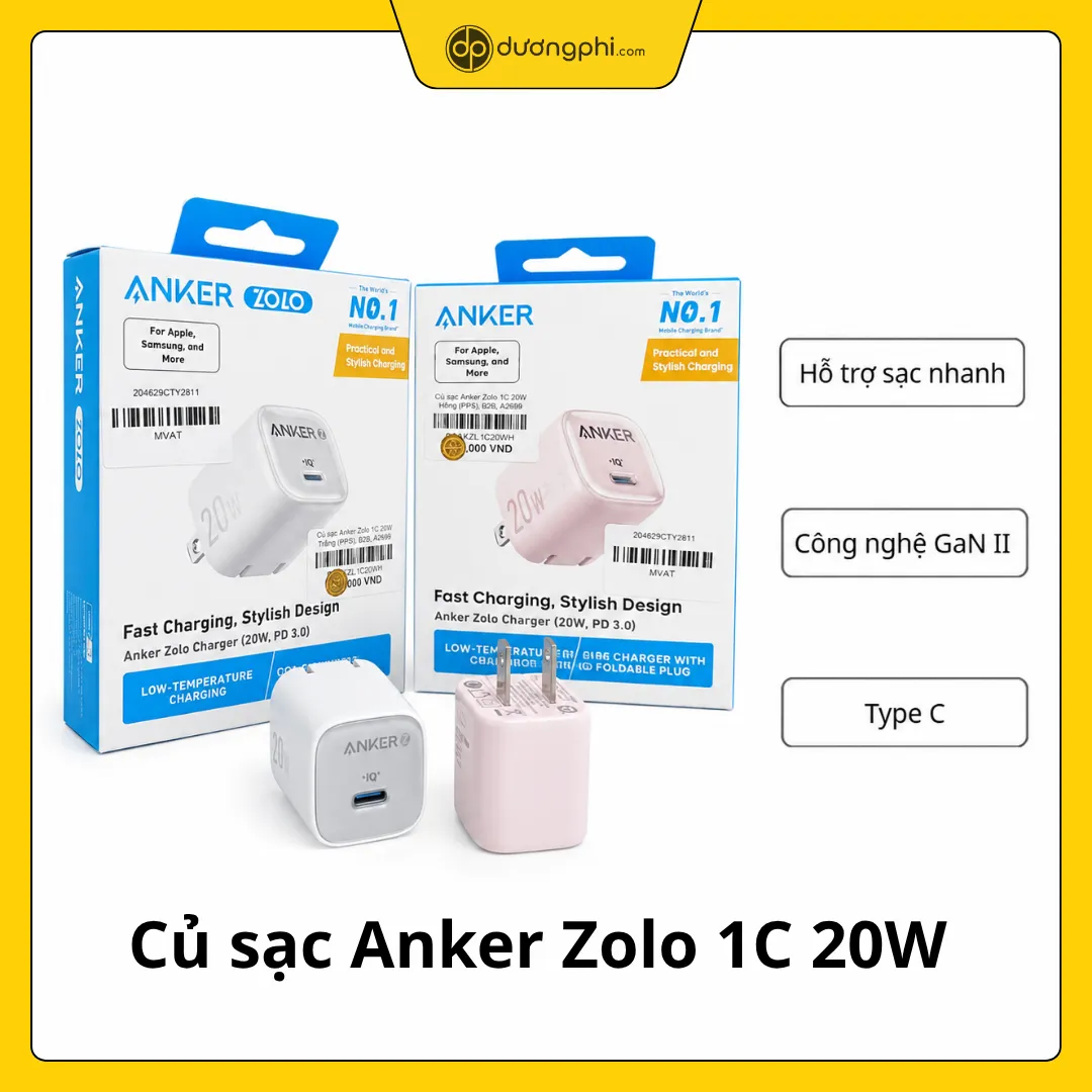 củ sạc anker zolo 1c 20w màu hồng chính hãng kế bên hộp sản phẩm