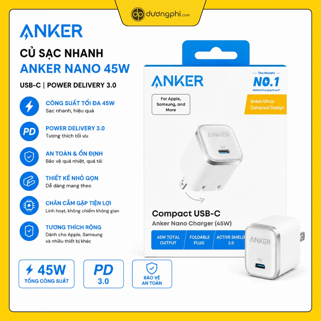 củ sạc nhanh anker nano 45w màu trắng cùng các tính năng nổi bật