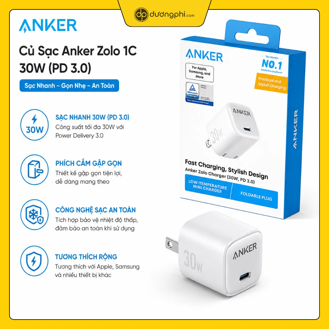 củ sạc anker zolo 1c 30w màu trắng sạc nhanh