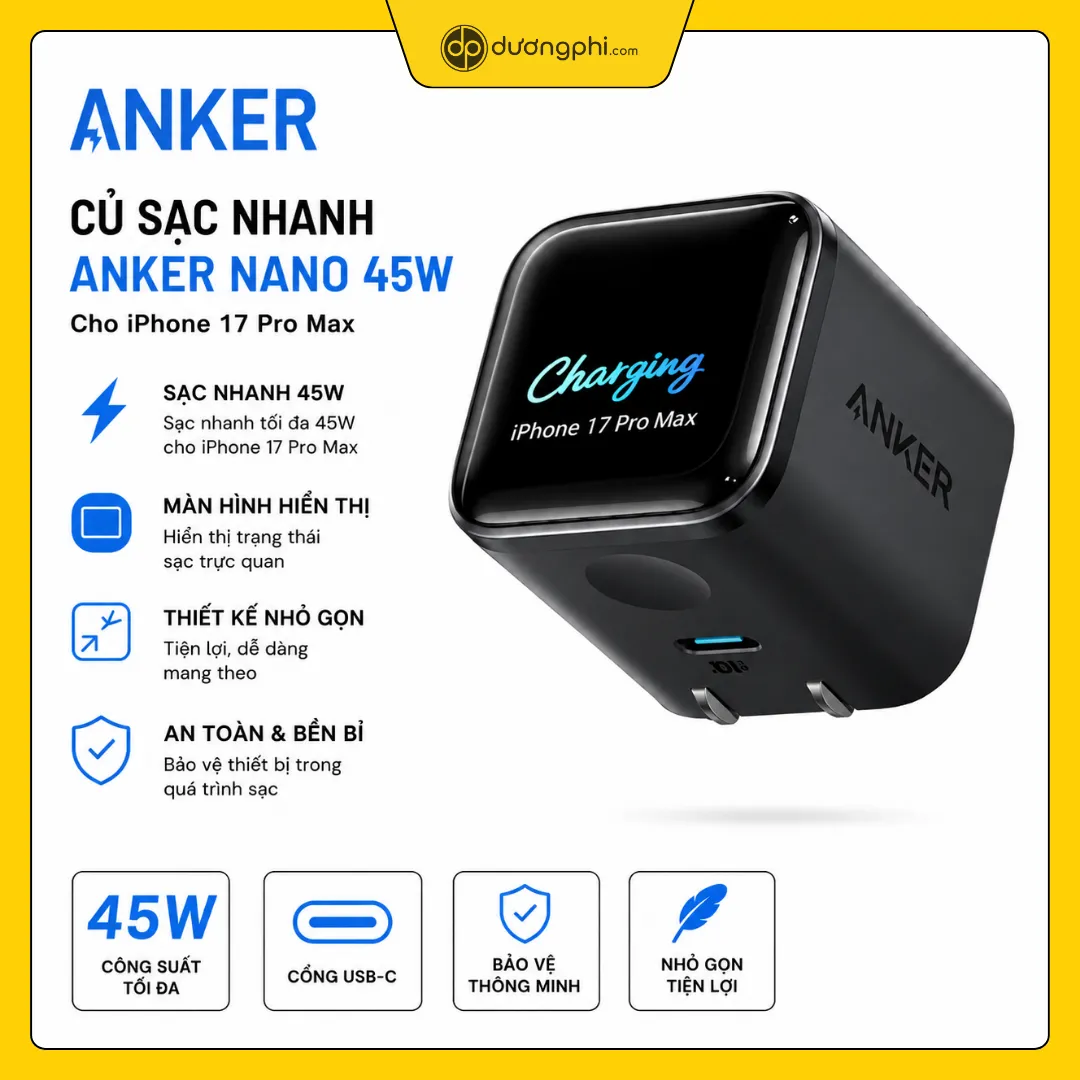 củ sạc nhanh anker nano 45w màu đen chính hãng củ sạc anker nano 45w màu đen có màn hình hiển thị trạng thái sạc