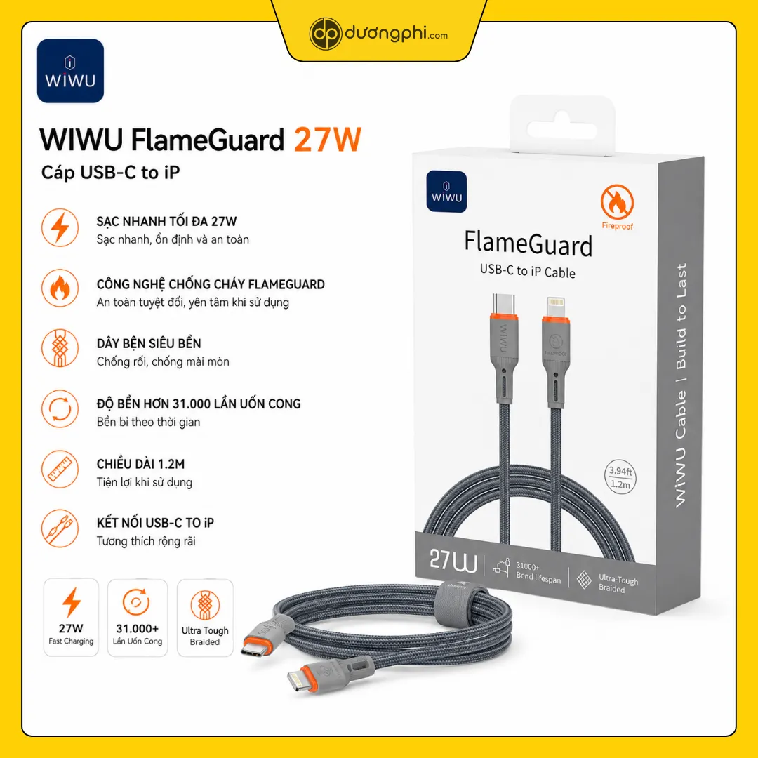 cáp sạc wiwu flameguard 27w chính hãng cáp sạc nhanh wiwu flameguard 27w bên cạnh hộp đựng sản phẩm