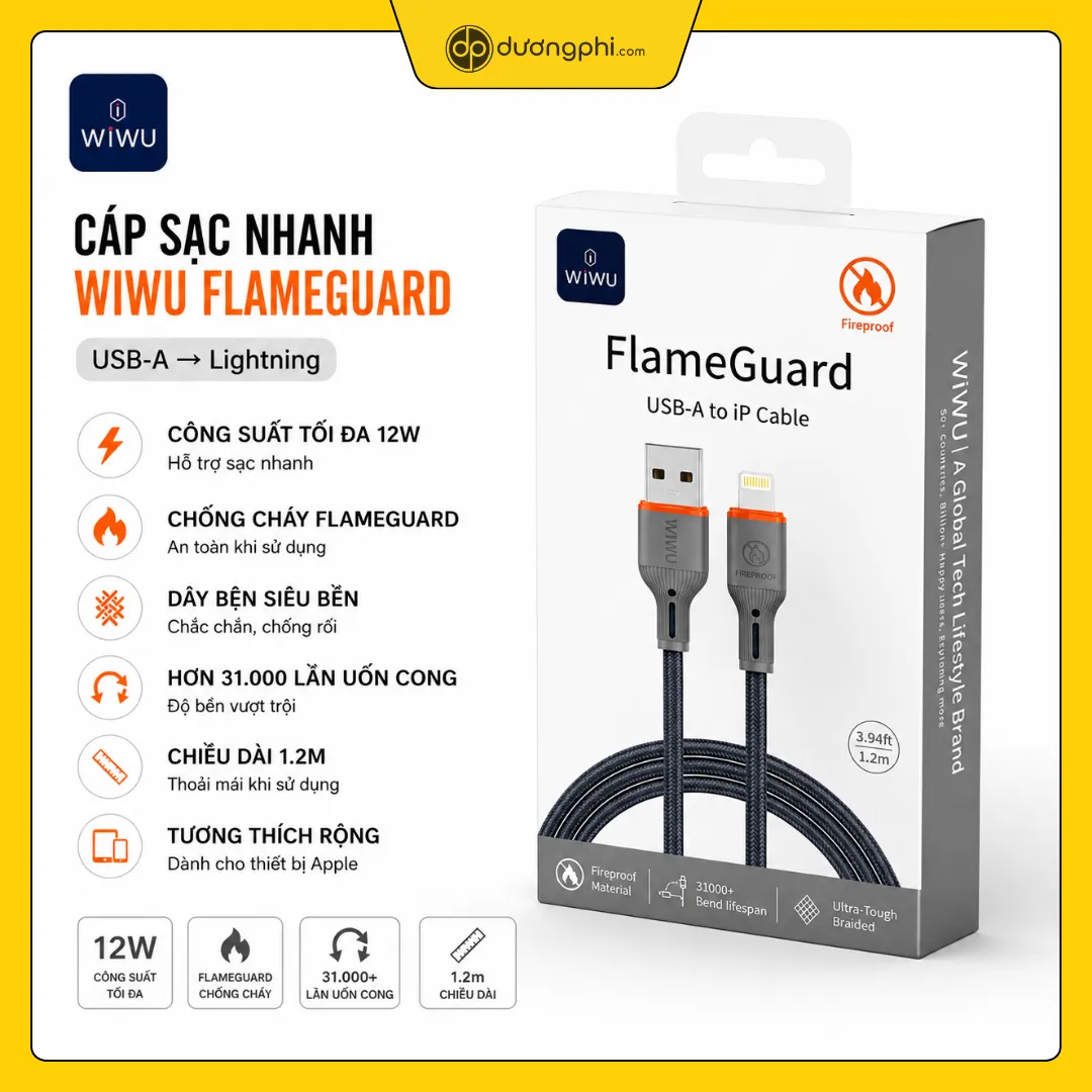cáp sạc nhanh wiwu flameguard usb-a to lightning chính hãng banner giới thiệu cáp sạc wiwu flameguard usb-a to lightning cùng các tính năng nổi bật