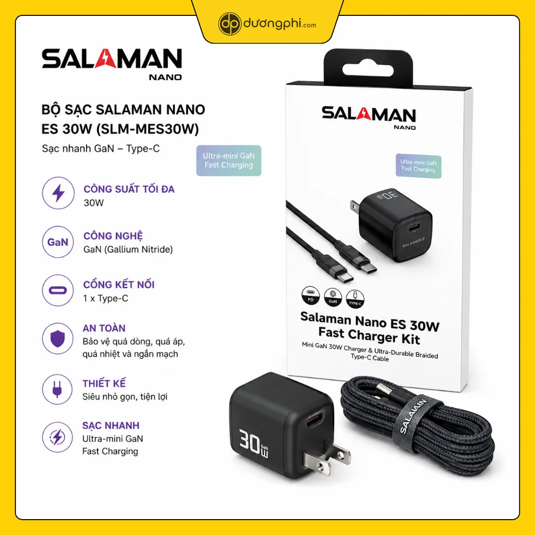 Bộ Sạc Nhanh Salaman Nano Es 30W Màu Đen Kèm Cáp Type-C Bọc Dù Và Hộp Đựng Hiển Thị Các Thông Số Kỹ Thuật.