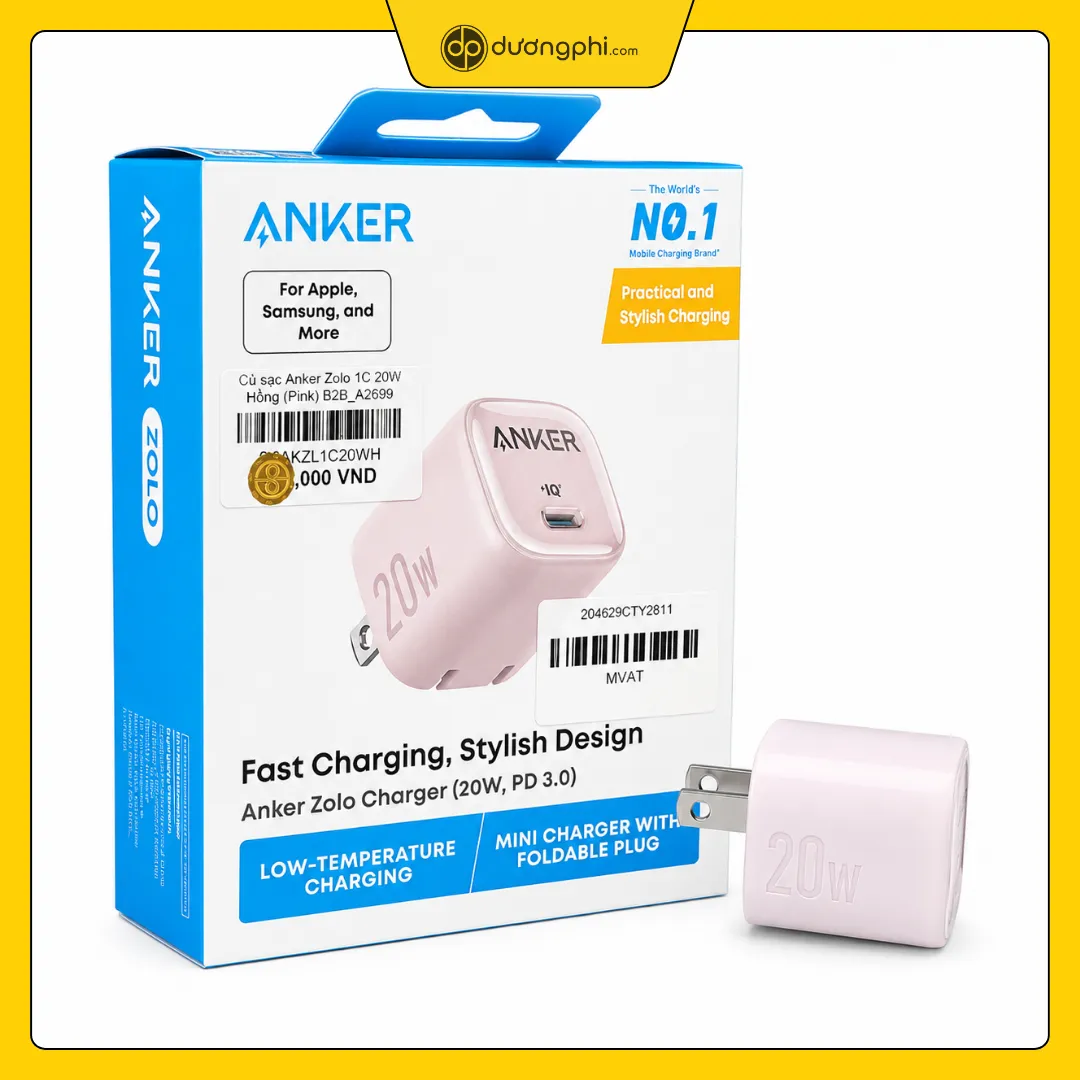 củ sạc anker zolo 1c 20w màu hồng chính hãng kế bên hộp sản phẩm