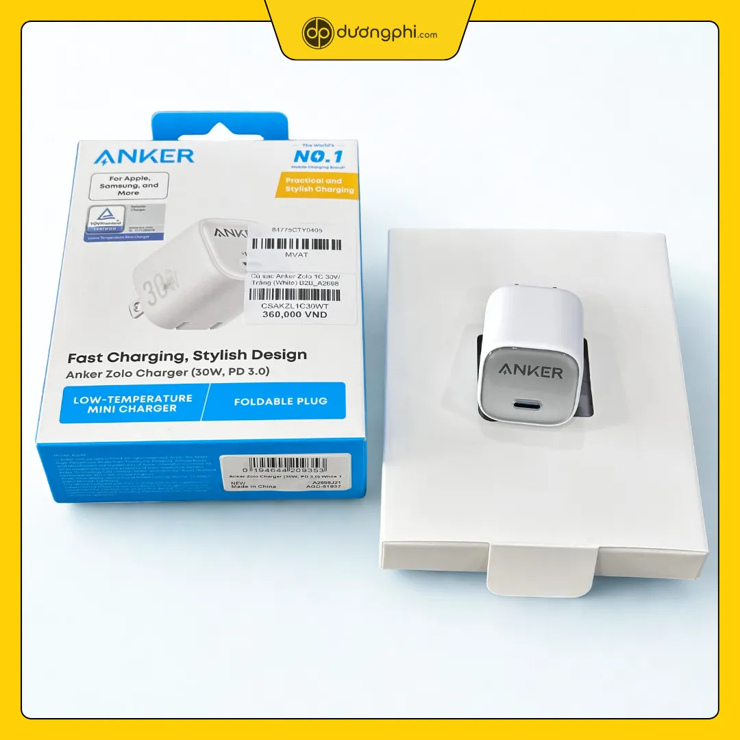 mở hộp củ sạc anker zolo 1c 30w màu trắng