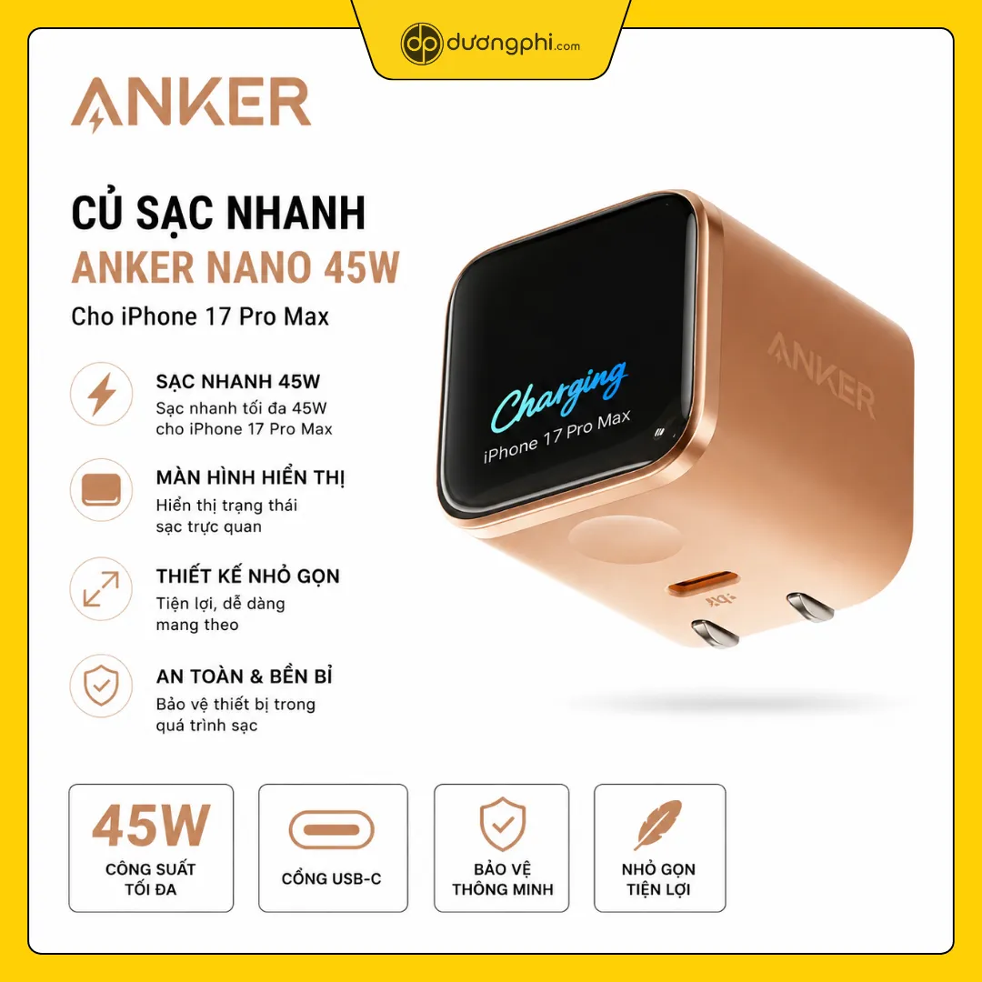 củ sạc nhanh anker nano 45w màu vàng đồng chính hãng củ sạc anker nano 45w màu vàng đồng có màn hình hiển thị trạng thái sạc