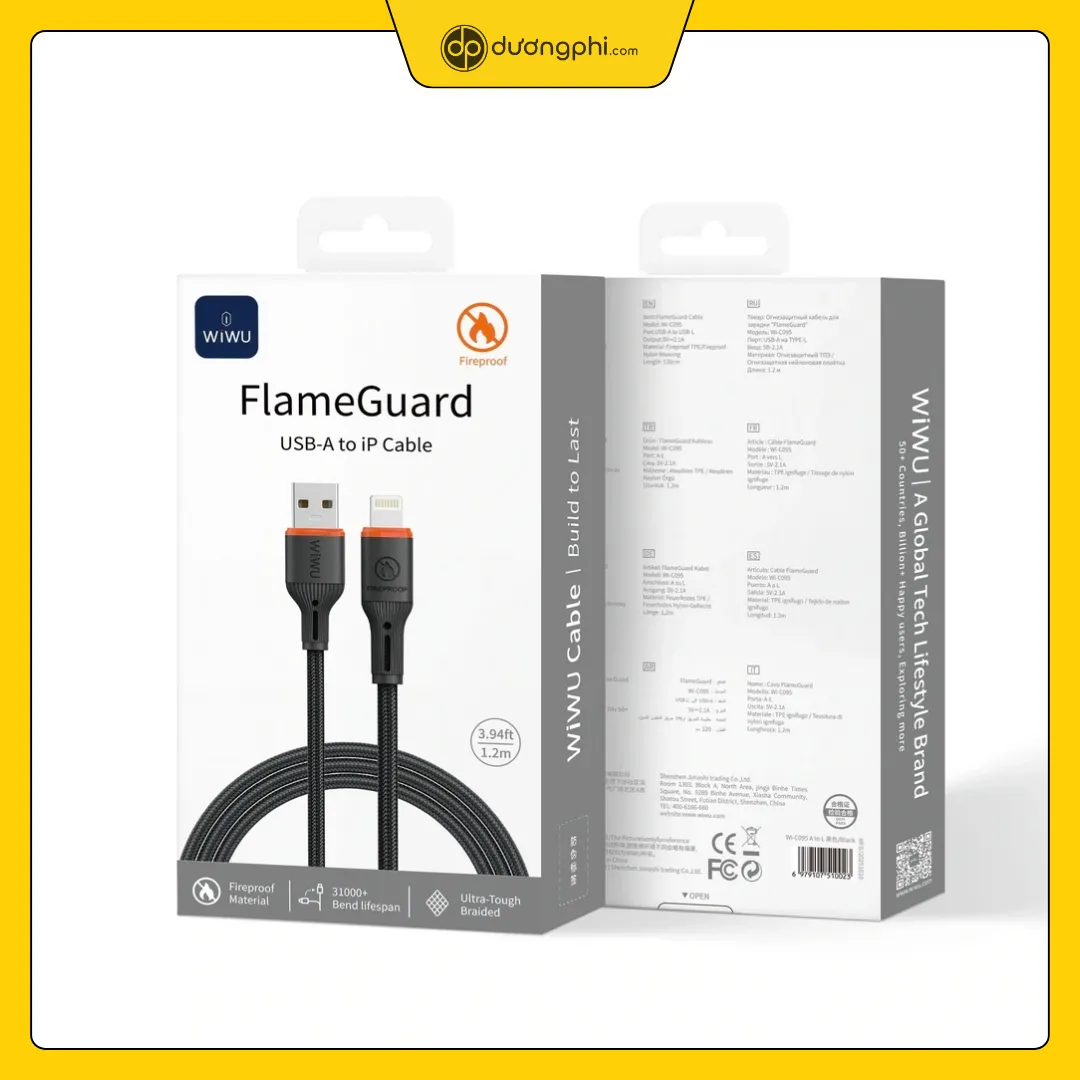 cáp sạc wiwu flameguard usb-a to lightning thực tế cáp sạc nhanh wiwu flameguard usb-a to lightning bọc dù thực tế bên cạnh hộp đựng