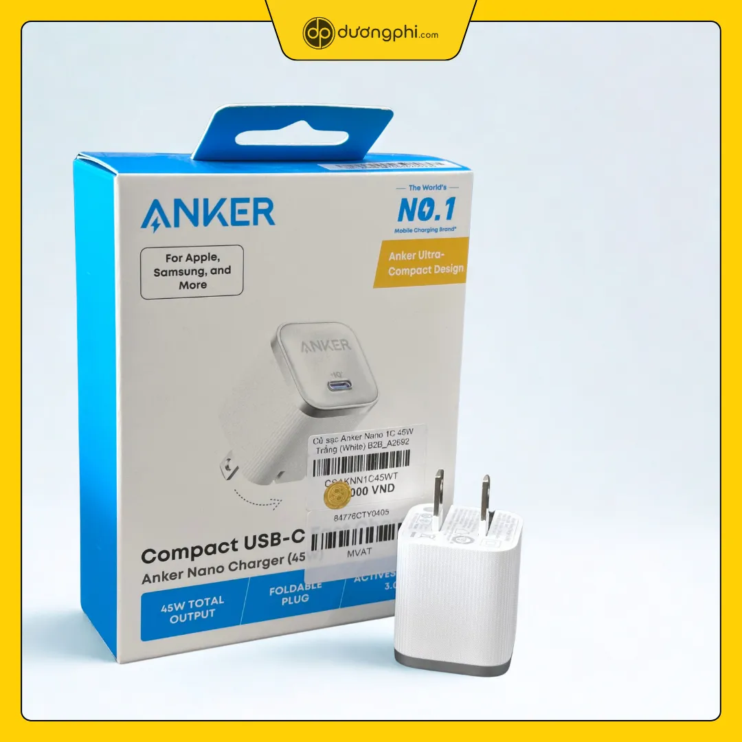 củ sạc anker nano 45w màu trắng chính hãng đặt cạnh hộp đựng có thông tin sạc nhanh