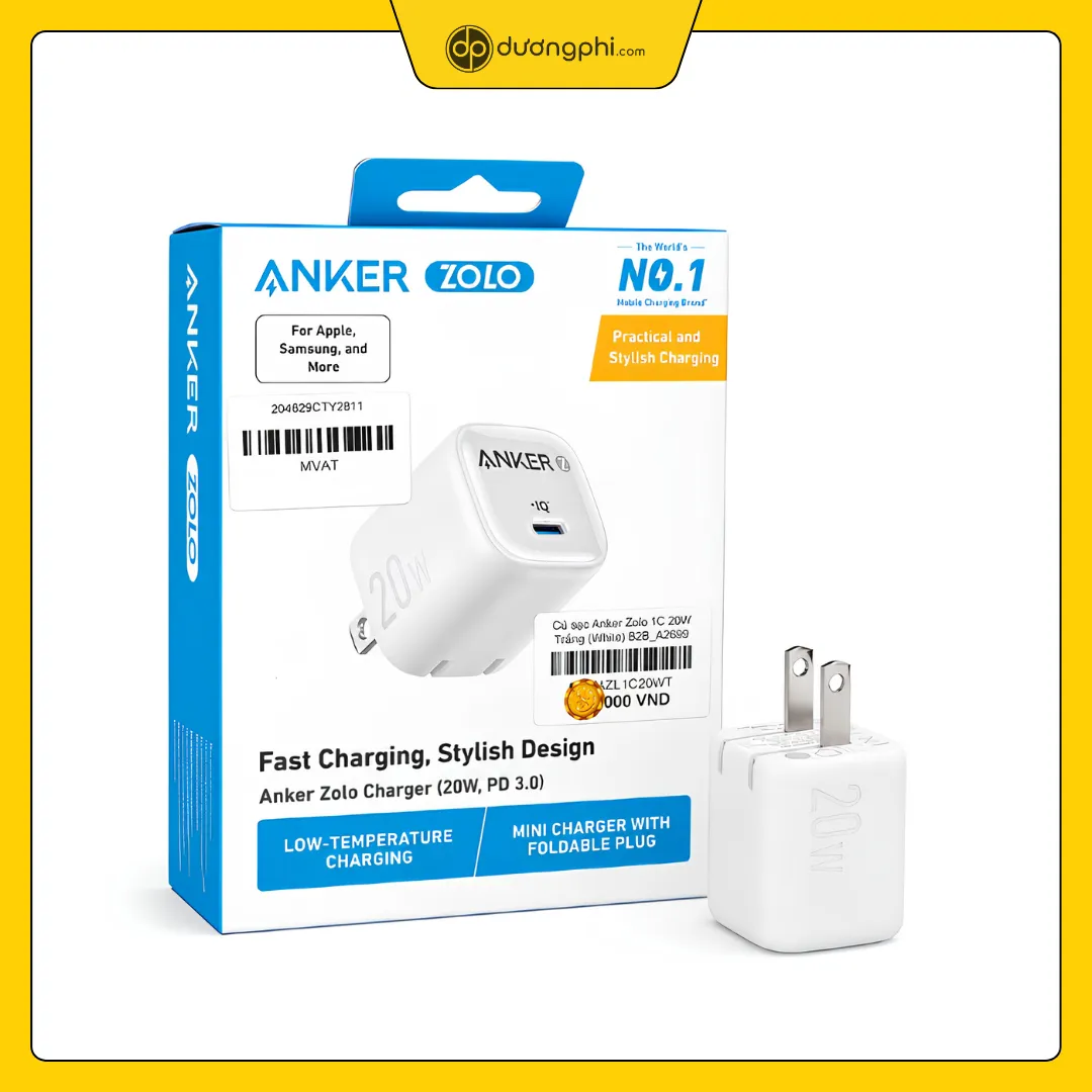 củ sạc anker zolo 1c 20w màu trắng chính hãng kế bên hộp sản phẩm