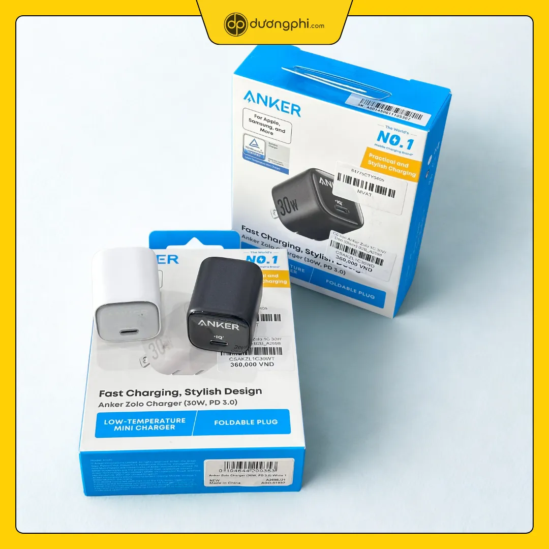 củ sạc anker zolo 30w hai màu đen và trắng