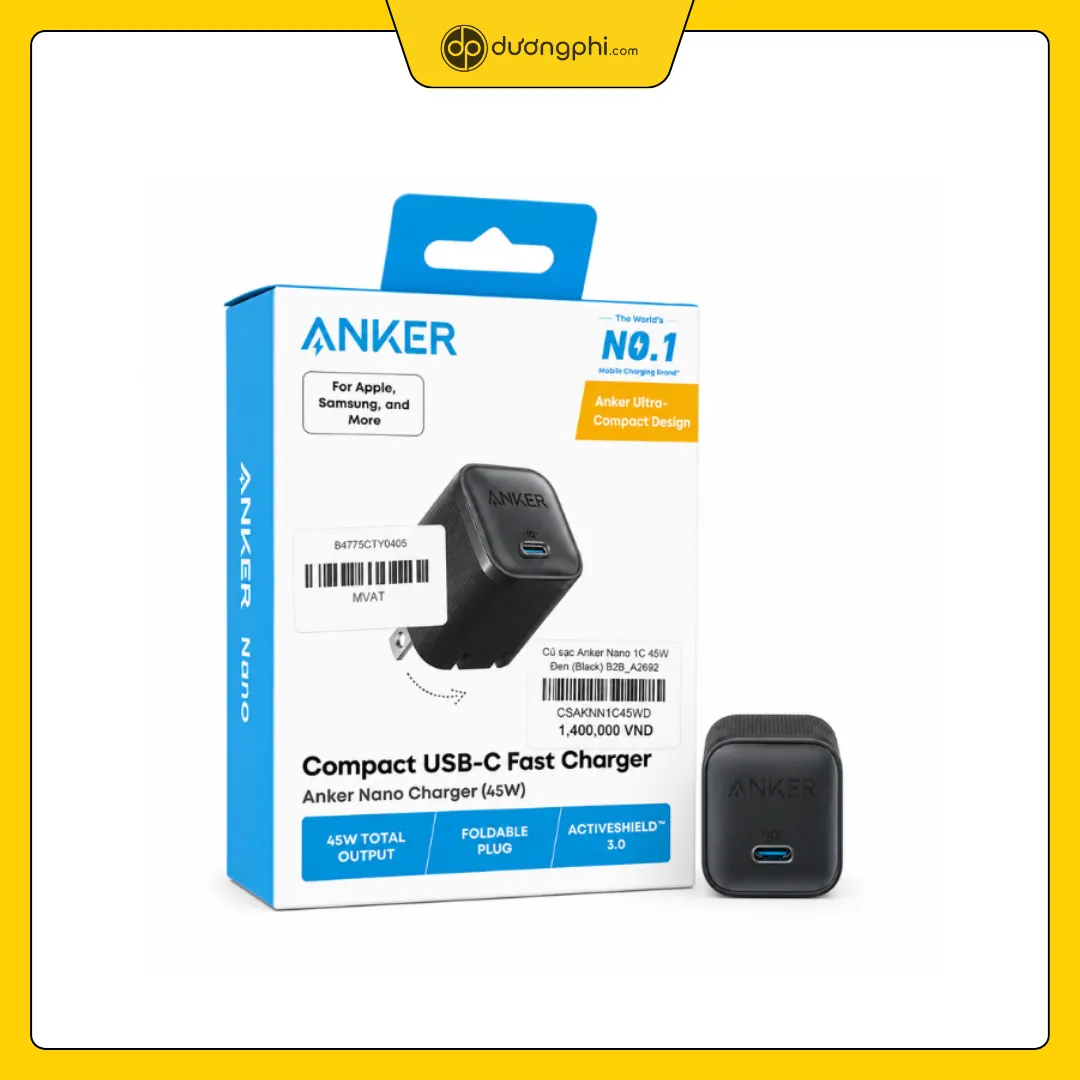 củ sạc anker nano 45w màu đen chính hãng đặt cạnh hộp đựng có thông số sạc nhanh