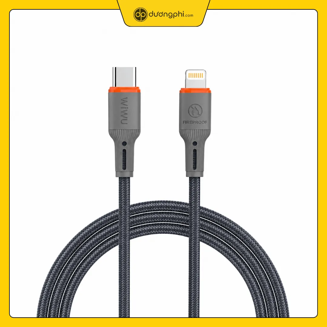 chi tiết đầu cắm cáp sạc wiwu 27w cận cảnh đầu cắm usb c và lightning cáp sạc wiwu flameguard 27w