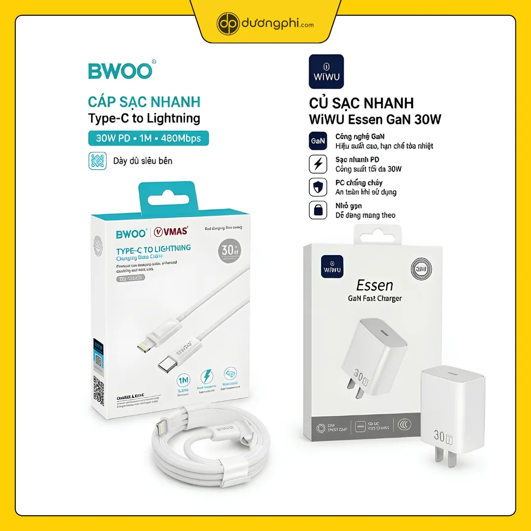 Combo Sạc Nhanh 30W Cho iPhone – WiWU GaN + Cáp BWOO PD